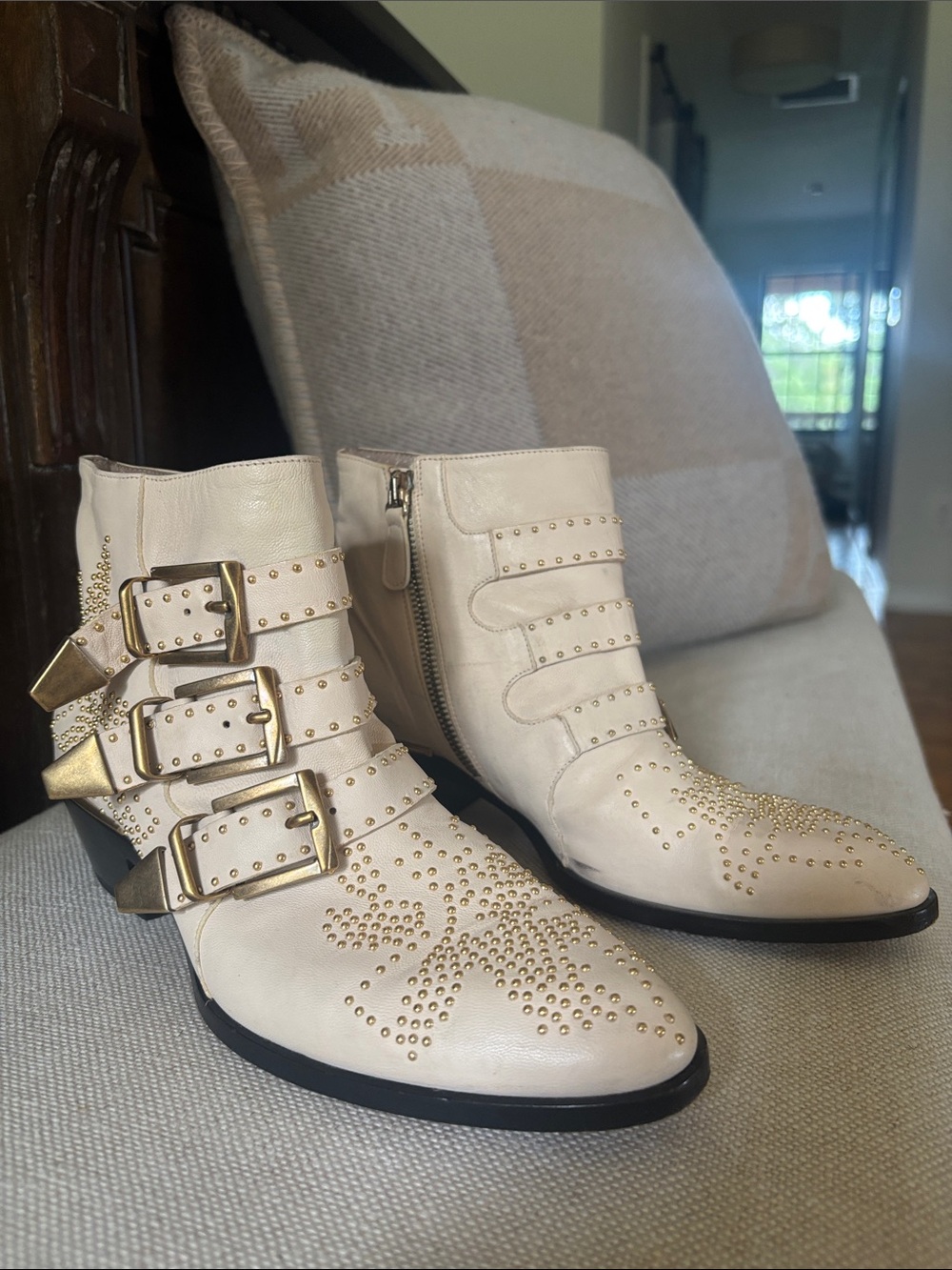 Chloe Ivory Studded Buckle Ankle Boots